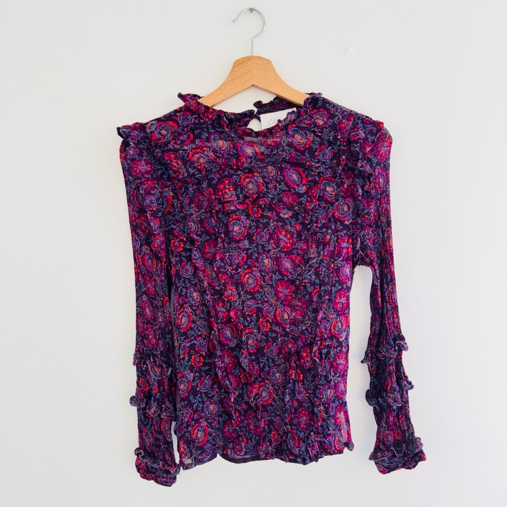 Cleobella Purple Floral Ruffled Long Sleeve Blouse Medium - Picture 2 of 7